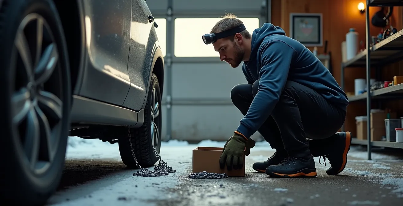 Persona che si esercita a montare catene da neve in garage