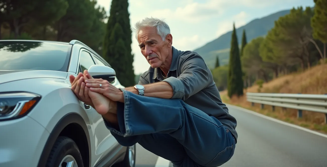 Automobilista che esegue esercizi di stretching usando l'auto come supporto in un'area di servizio