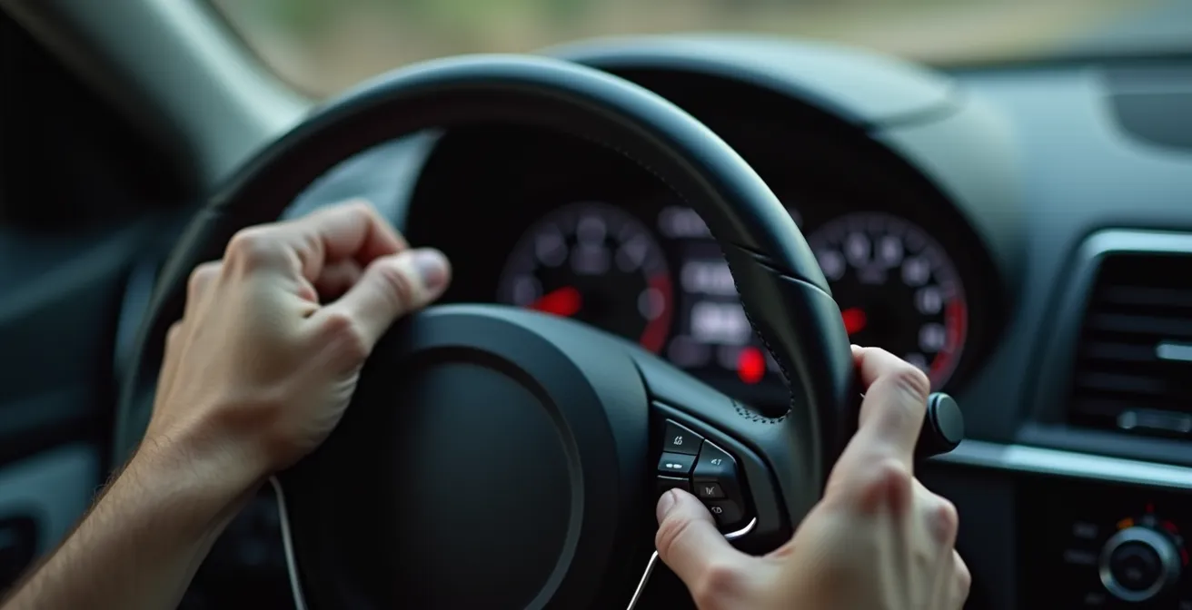 Dettaglio macro delle mani su un volante con effetto di vibrazione visibile
